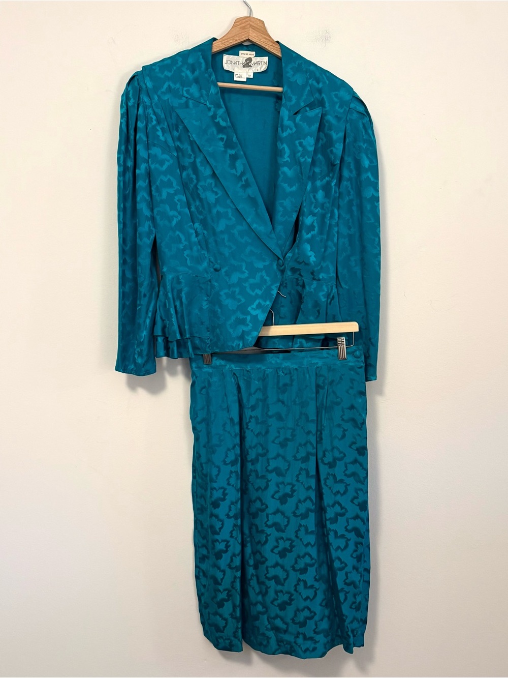 Vintage Jonathan Martin Teal Silk Floral Jacquard Skirt Suit Set Size 12